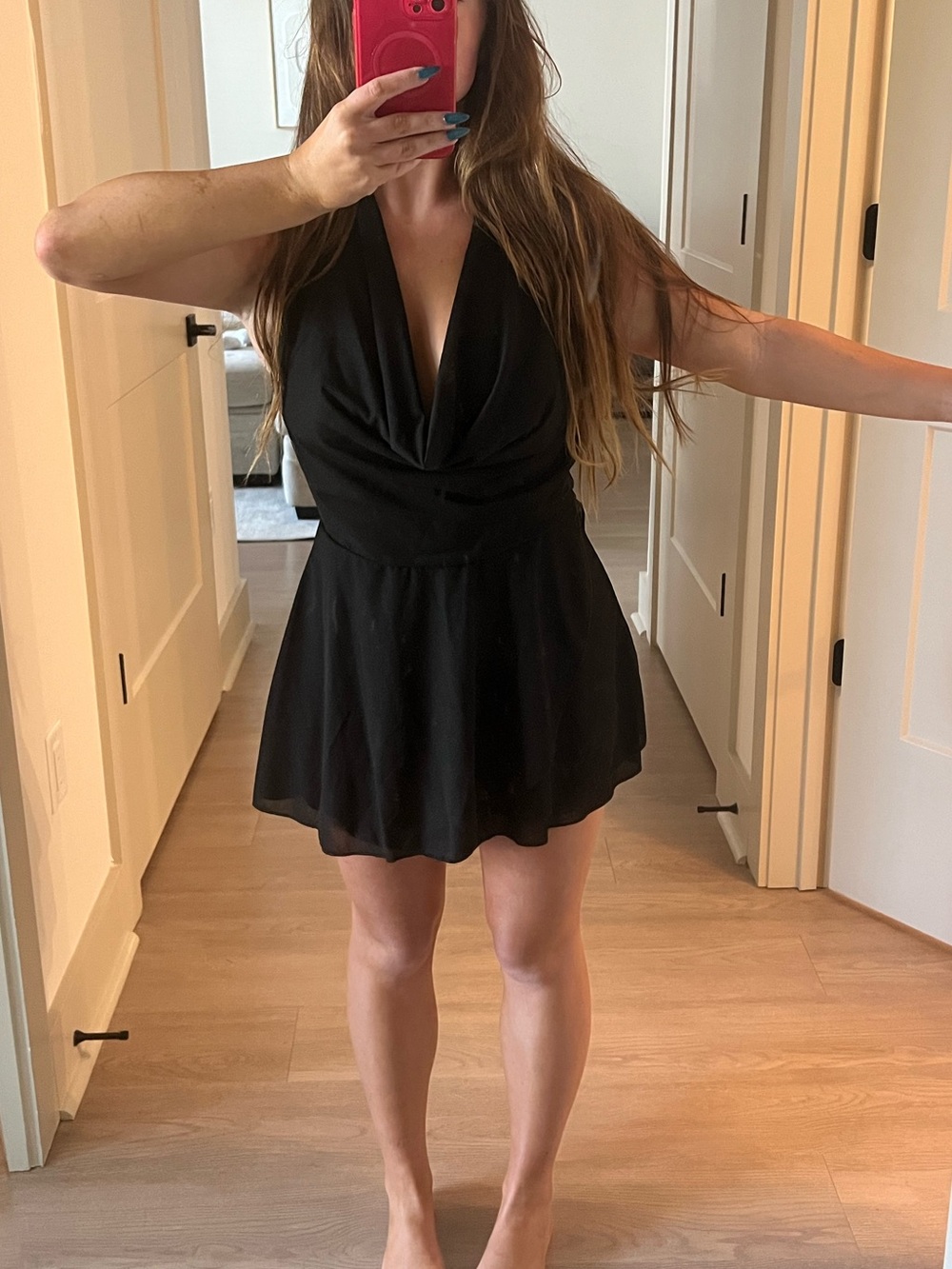 Black Halter Skater Dress - Sleek V-Neck Women’s Dress